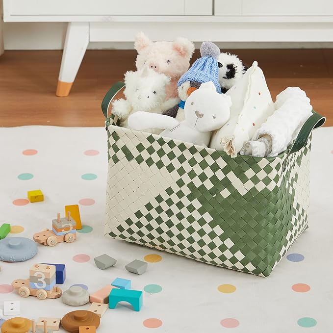 BROWNLILY Handwoven Clothes Basket Laundry Hampers Large Wicker Storage Baskets for Shelves Blankets Closet Storage Bins Car Bedroom Bathroom Organizers and Storage Bath (Pack of 4, Green&White)