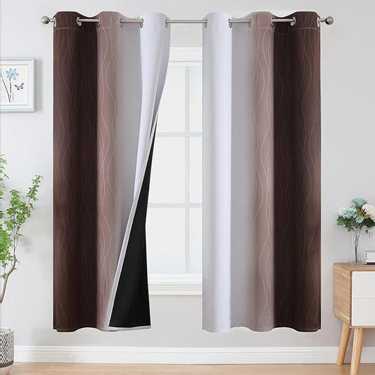 Estelar Textiler Brown and Greyish White Blackout Curtains for Living Room, Full Room Darkening Grommet Ombre Curtains for Bedroom, Thermal Insulated Light Blocking Gradient Drapes, 42Wx72L, 2 Panels