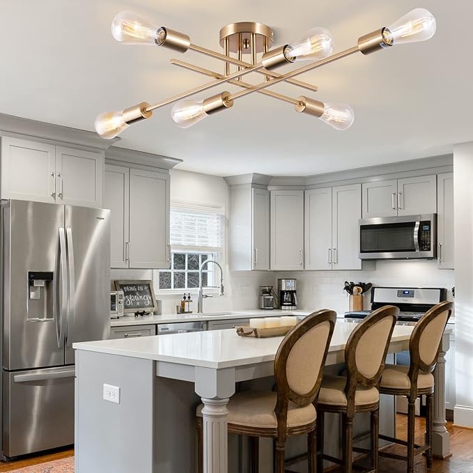 Sputnik Chandeliers, Modern Semi Flush Mount Ceiling Light with E26 Base, Mid Century Industrial Kitchen Farmhouse Light Fixtures for Bedroom Living Room (Brass, Ceiling 6 Lights (Lengthen))