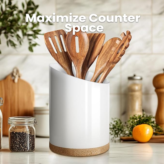 Large Ceramic Utensil Holder for Kitchen Counter, Modern Crock with Slanted Top & Cork Mat, for Spatulas & Cooking Spoons, White