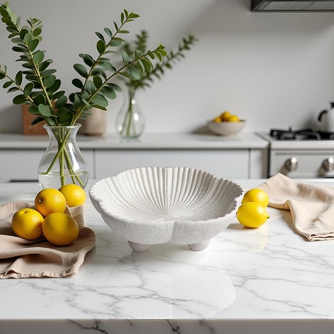 Large Decorative Bowl decor, Scalloped Pedestal Bowls for Modern Home Decor,Ruffle Decor,Stylish Key Bowl for Entry Table,Decorative Fruit Bowl for Kitchen Counter, Light Gray