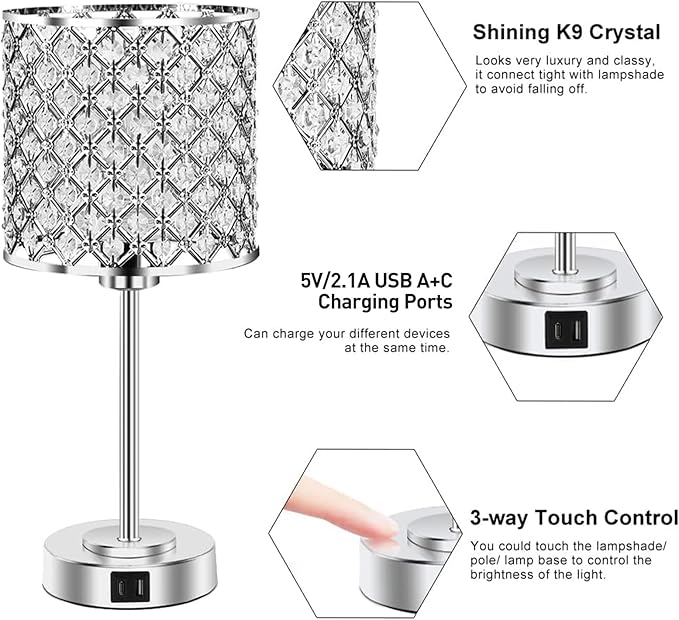 Crystal Table Bedside Lamp Touch Control, 3-Way Dimmable Small Nightstand Lamp Set of 2 with USB-C+A Charging Ports, Decorative Silver Tabletop Lamp for Bedroom Living Room Guest Room, Bulbs Included