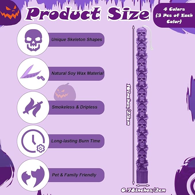 Nuanchu 12 Pack Halloween Skull Taper Candles 10 Inch Unscented Dripless Skeleton Candles for Halloween Party Decor, Table Centerpiece, Gothic Home Decoration, Spooky Gifts