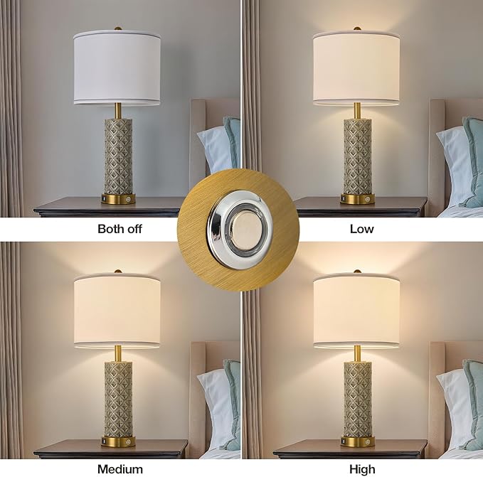 Set of 2 Table Lamp for Living Room Bedroom Farmhouse,26'' Touch Control Bedroom Smoke Grey Ceramic Lamps 3-Way Dimmable Bedside Lamps with USB A+C Ports Linen Shade for Home