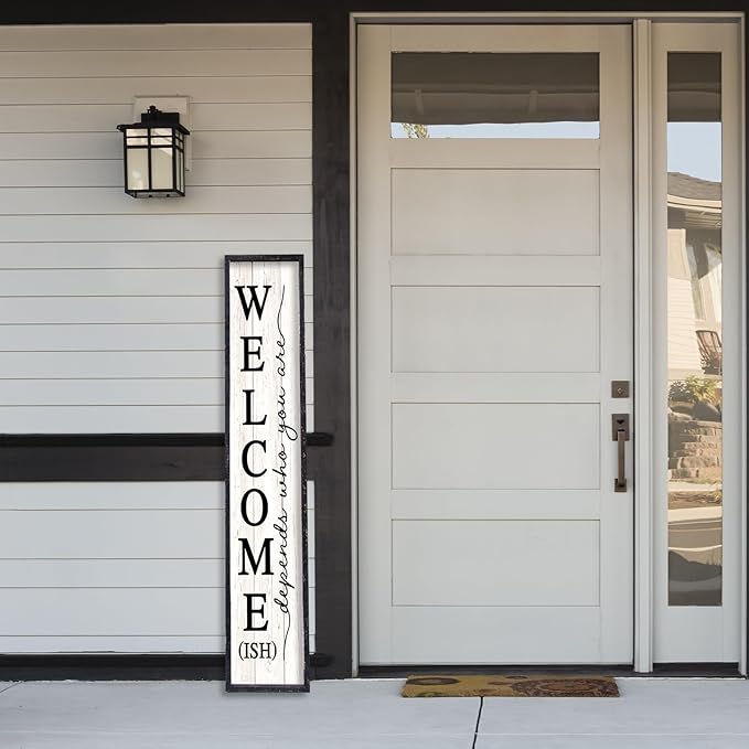 Welcome-ish Sign for Front Porch Standing 45"X9" Large Farmhouse Outdoor Wood Framed Home Vertical Tall Funny Large Welcome Signs For Rustic Modern Outside Front Door Wall Decor (Black)