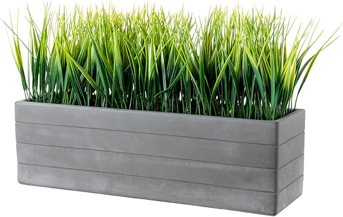 MyGift 14 Inch Artificial Green Grass Plants in Ribbed Dark Gray Concrete Rectangle Planters, Tabletop Faux Greenery in Rectangular Cement Pot Centerpiece Décor