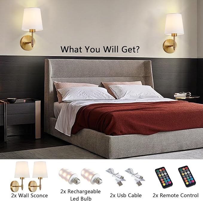 Rechargeable Wall Sconces Set of 2, Brushed Gold Cordless Battery Operated Sconce with Dimmable LED Bulb and Remote, 13 Colors Wall Lights for Bedroom Living Room Hallway