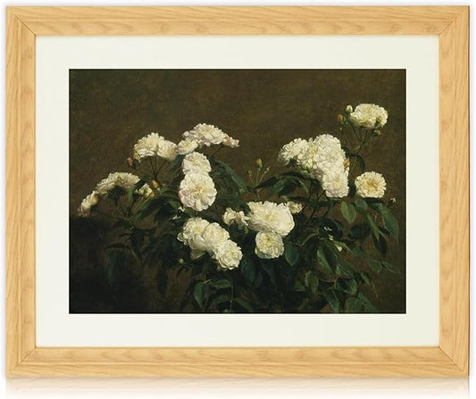 Brivoria Framed Canvas Wall Art Vintage Decor, Antique Botanical Floral Print with White Roses and Rustic Autumn Background for Living Room Dining Room Gallery Wall or Fireplace Display, 16"x20"