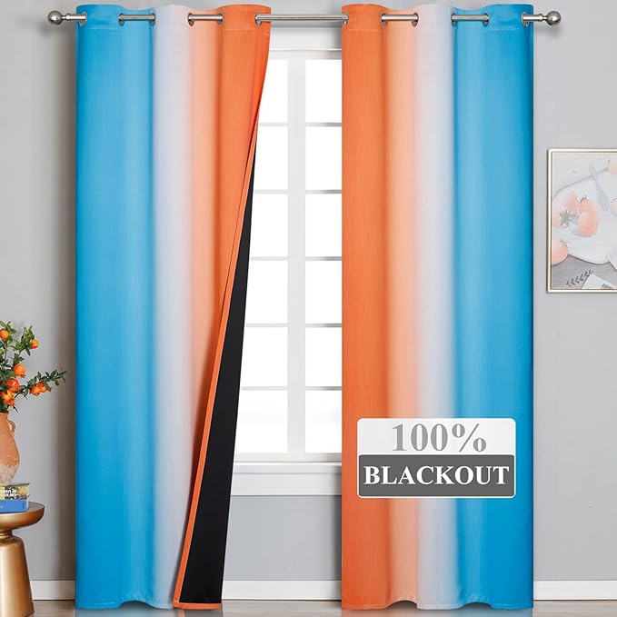 Thermal Insulated Blue and Orange Curtains for Living Room, Complete Light Blocking Ombre Blackout Curtains for Bedroom, Full Room Darkening Gradient Grommet Drapes for Boy Room, 42x84 Inch, 2 Panels