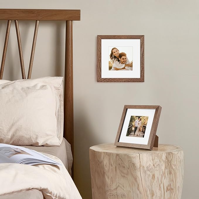 6x6 Picture Frames, Solid White Oak Wood Frame 6 x 6 with Stand for Wall & Tabletop Display, Rustic Wooden Photo Frame 6 by 6 with Real Glass, 6x6 Frame Matted to 4x4, Walnut Color, Set of 2