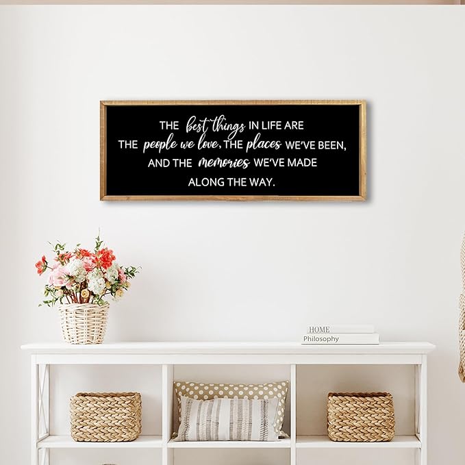 Comurdyo The Best Things in Life Sign 32''×12'' Framed Wood Memories Inspirational Quotes Wall Decor Vintage Farmhouse Wedding Gifts Sign Wall Art for family Home Bedroom (Wood Black)