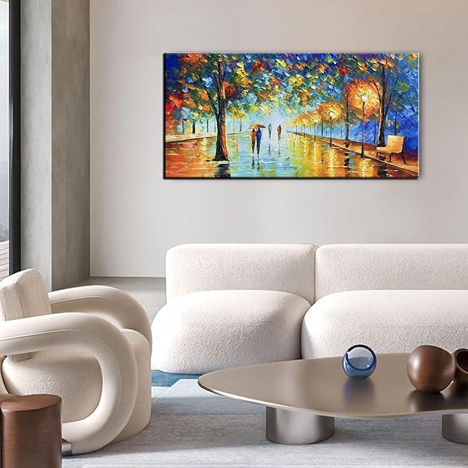 Tyed Art- Contemporary Landscape Art oil painting canvas rainy night street scene hand-painted acrylic frame wall art modern canvas painting living room bedroom office decoration Painting 24x48inch