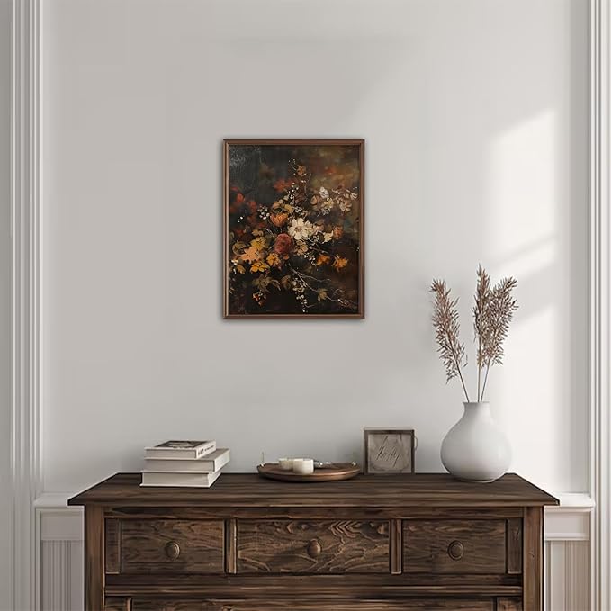 uniro Vintage Floral Wall Art Print, Moody Dark Autumn Flower Wall Painting, Retro Botonical Fall Wall Decor, Vintage Posters for Room Aesthetic for Bedroom Living Room Bathroom Wall Decor(8" x 10"-UNFRAMED)