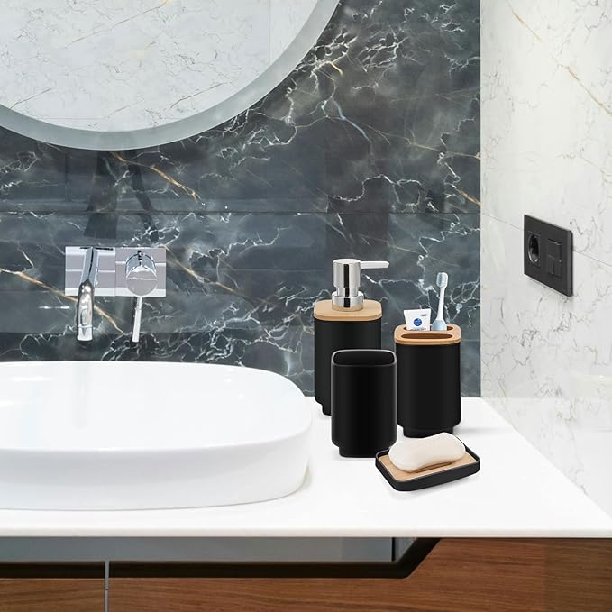 Bathroom Accessories Set,Black Bathroom Set,24 Pieces Bathroom Accessory Set with Shower Curtain,Trash Can for Bathroom Accessories Décor and Home Gifts