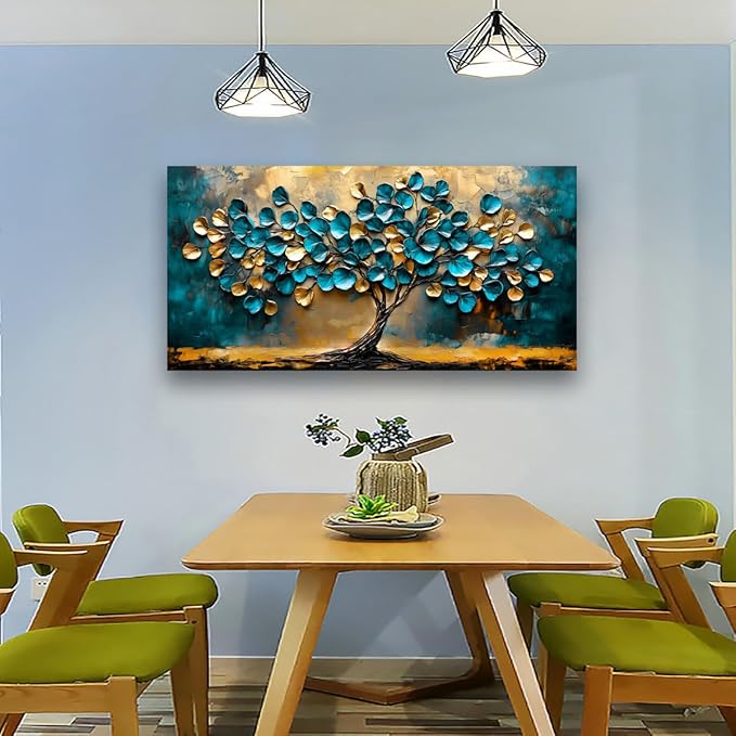 Tree of life Teal Gold Leaf Pictures Canvas Wall Art for Living room Office Bedroom Wall Decor,Abstract Wall Art Print Paintings Modern Blue Leaves Artwork Waterproof Ready to Hang-20x40inch