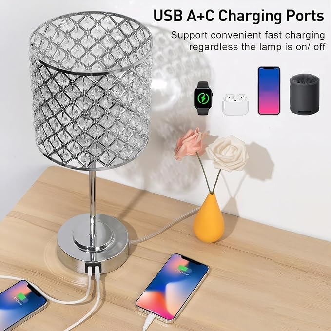 GyroVu Crystal Table Lamp, Touch Control Table Lamps with USB C+A Ports - 3 Way Dimmable Bedside Lamp with Bulbs, Crystal Nightstand Lamp Modern Light for Bedroom, Living Room, Bulb Included