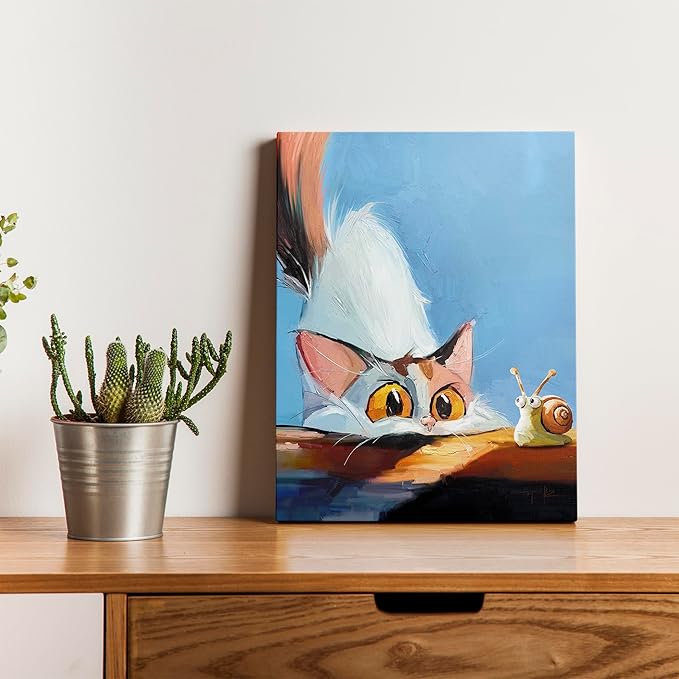 TimAsh Unframed Funny Cat Wall Art Cat Staring at Snail Canvas Wall Decor Cartoon Cute Kitten Poster Painting Prints for Bedroom Bathroom Living Room 16'' x 12''