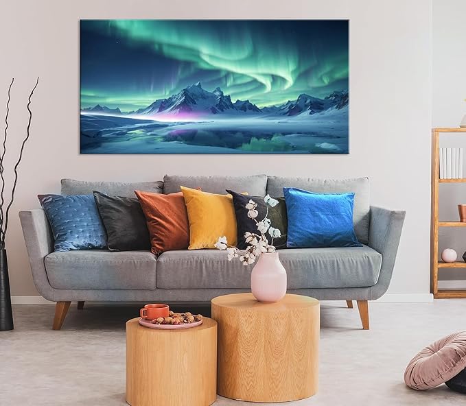 ZESTFLICKR Wall Art canvas prints Aurora Snow Mountain Lake photography Picture Modern Wall Art for romantic gifts Living Room Home Office Decor(28x58inch)