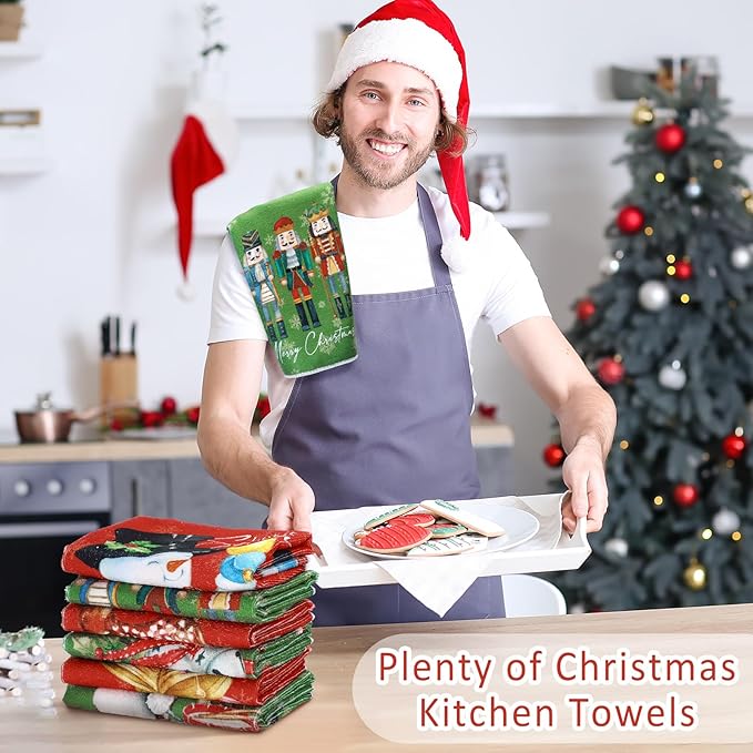 12 Pcs Christmas Kitchen Towels and Dishcloths Absorbent Christmas Tree Reindeer Truck Hand Dish Towels Decoration for Xmas Home Gift Supplies, 14.2 x 21.3 Inch (Exquisite Style)