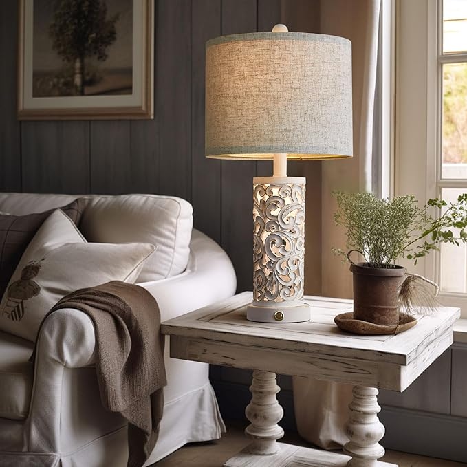 OYEARS 3-Way Dimmable 22'' Table Lamp Set of 2 for Living Room Bedroom Farmhouse Vintage Retro Bedside Lamps Touch Control with USB Ports Linen Shade for Home Office (Wash White, Bulb Included)
