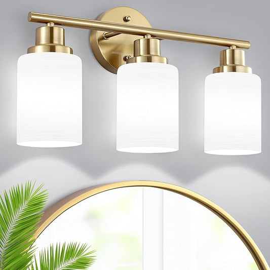 3-Light Bathroom Light Fixtures, Vanity Lights for Mirror with Textured Milky White Glass Shade, Modern Kitchen Light Fixtures Wall Sconce Light - E26 Base - Brushed Gold