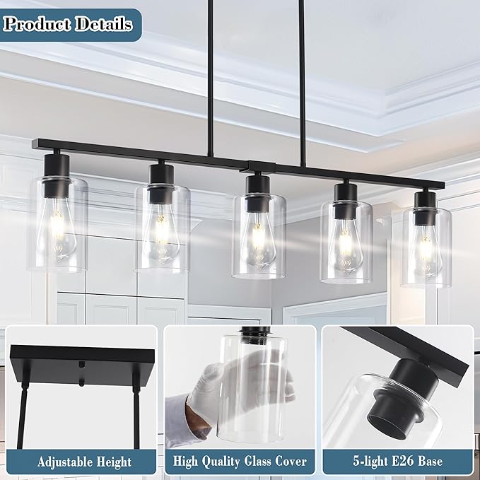 Black Linear Chandelier for Kitchen Island - 5 Light Pendant Lighting Fixture with Glass Shades, Adjustable Height Farmhouse Dining Room Hanging Light