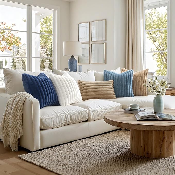 MIULEE Faux Fur Decorative Throw Pillow Covers 20x20 Inch Set of 2, Coastal Modern Art Home Decor Soft Plush Couch Pillows Cozy Fluffy Cushion Covers for Sofa Bed Grey Blue