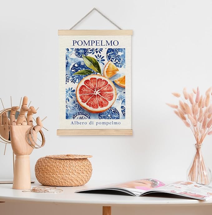 Yomisex Italian Amalfi Coast Grapefruit Wall Art Poster, Italian Kitchen Decor, Blue and White Mediterranean Tiles Pompelmo Fruit Wall Art Framed for Kitchen Dining Room Home Decor, 12x16 Inch