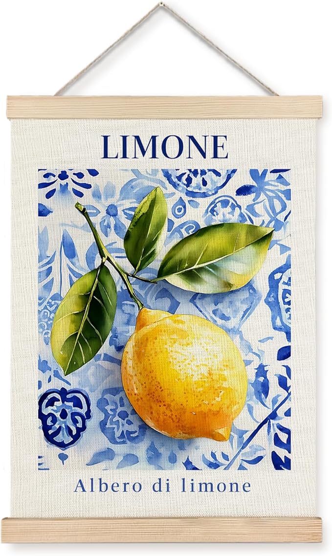 Yomisex Italian Amalfi Coast Lemon Wall Art Poster, Lemon Kitchen Decor, Blue and White Mediterranean Tiles Limone Fruit Wall Art Framed for Kitchen Dining Room Home Decor, 12x16 Inch