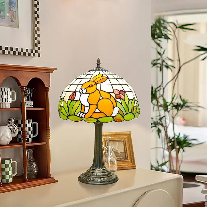 Uniquel Cute Brown Rabbit Tiffany Lamp Retro Style Stained Glass Table Lamp Vintage Aesthetic Bedside Lamps for Bedroom Nightstand Night Stand Lighting Reading Unusual Kids Decor Desk Lamp 12 Inch
