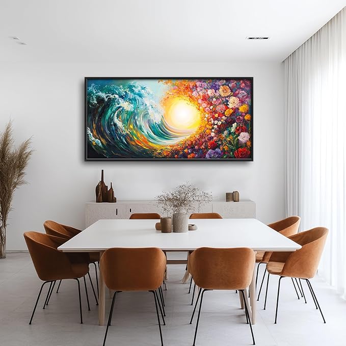 Ocean Framed Wall Art for Living Room, Large Waves with Flowers Canvas Wall Decor, Vintage Beach Pictures Painting, Modern Artwork for Bathroom Bedroom 60L'' × 30W''