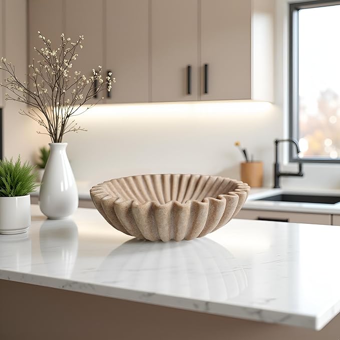 10" Large Decorative Bowl decor, Scalloped Bowls for Modern Home Decor,Ruffle Decor,Stylish Key Bowl for Entry Table,Decorative Fruit Bowl for Kitchen Counter,Artificial Stone Beige