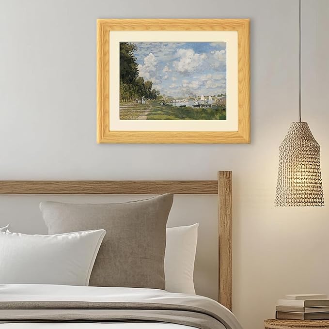 Brivoria Framed Canvas Wall Art Vintage Decor, Impressionist Riverside Print with Autumn Sky, Sailboats, and Tree-Lined Path for Entryway Hallway Reading Nook Bathroom or Office Display, 13"x16"