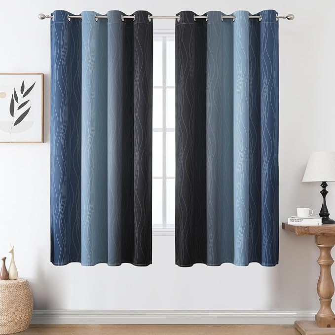 Estelar Textiler Navy Blue and Black Ombre Blackout Curtains 63 Inch Length 2 Panels Set, Full Room Darkening Grommet Curtains for Bedroom, Thermal Insulated Light Blocking Gradient Drapes,52Wx63L