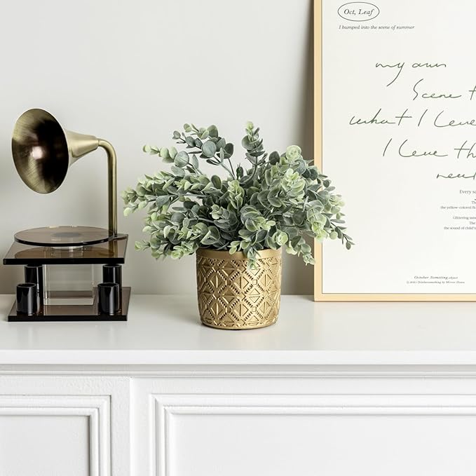 MyGift Artificial Eucalyptus Plant in Modern Gray Concrete Pots with Geometric Embossed Pattern (1, Gold)