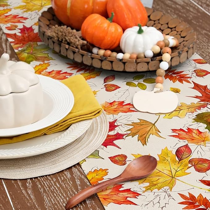 GEEORY Fall Table Runner 13x72 Inch, Maple Leaves Rustic Thanksgiving Farmhouse Decor Table Decoration for Kitchen Dinning, Indoor Outdoor Dinner Party (Orange Red Green Leaves) GT115-72