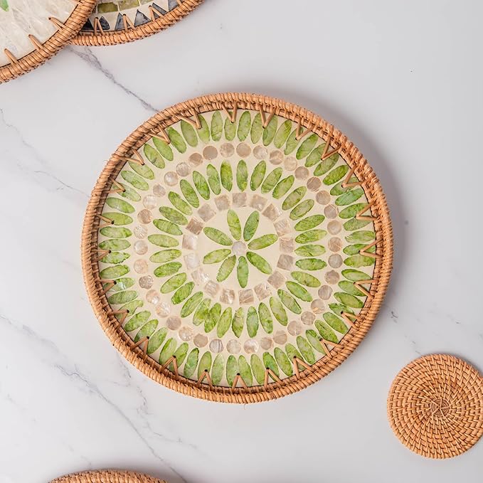 11.8' Wicker Round Rattan Mother of Pearl Serving Basket Tray for Dรฉcor Coffee Table | Large Boho Circle Woven Decorative Trays for Outdoor, Home, Kitchen Display (Neon Green)
