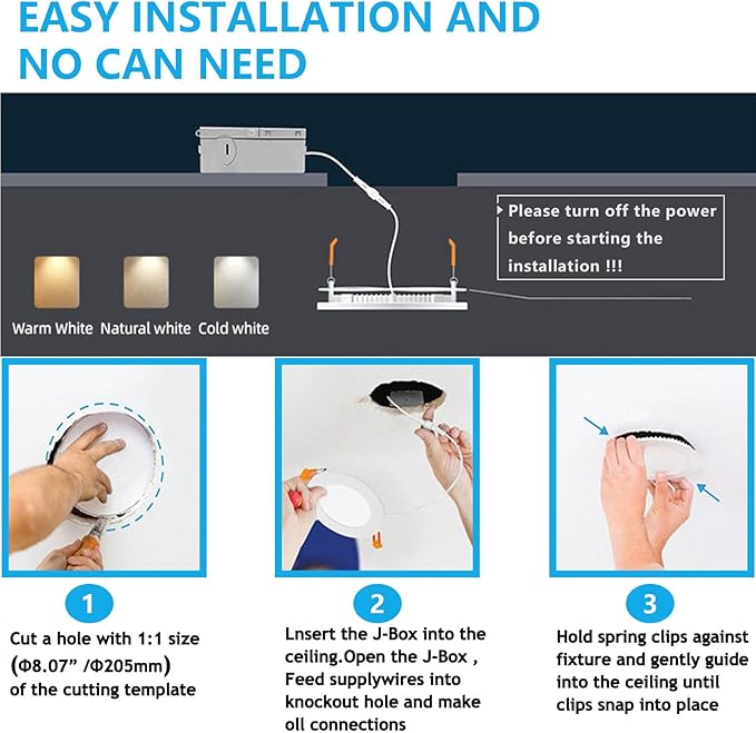 8 Inch LED Recessed Light with Junction Box.12Pack Ultra Thin LED Recessed Lights 3CCT 3000K/4000K/6000K Selectable Dimmable,18W 8" Ceiling Canless Light Downlight, Can Killer Lighting CR80