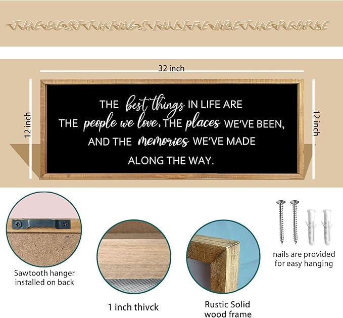 Comurdyo The Best Things in Life Sign 32''×12'' Framed Wood Memories Inspirational Quotes Wall Decor Vintage Farmhouse Wedding Gifts Sign Wall Art for family Home Bedroom (Wood Black)