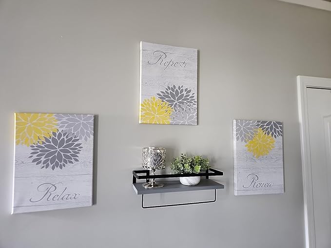 Zlove Yellow and Grey Bathroom Decor, Dahlia Flower Pictures Wall Art - Relax Refresh Renew Bathroom Pictures Wall Decor, 12"X16", 3Pcs