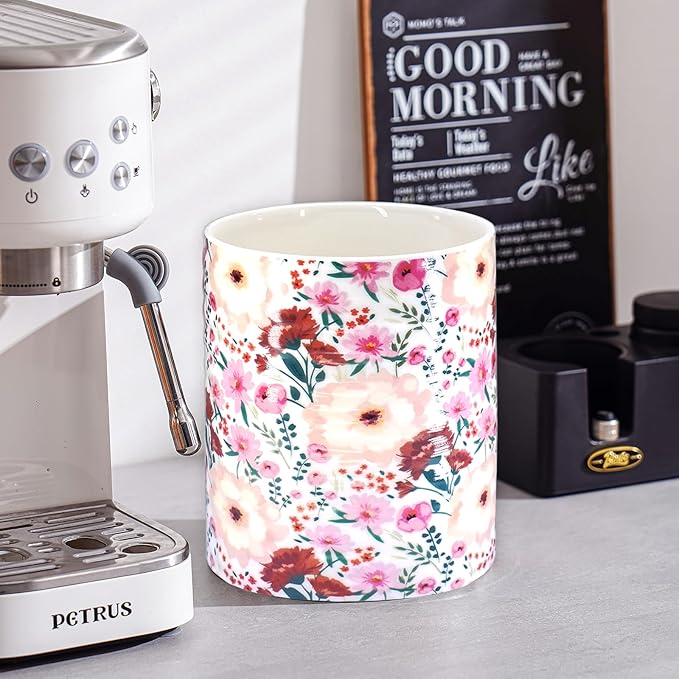 Kitchen Utensil Holder,7.2″Extra Large Stable Pattern Ceramic Utensil Crock,Utensil Organizer for Countertop,Kitchen Decor,Utensil Holder for Housewarming,Wedding Gift (Pink White)