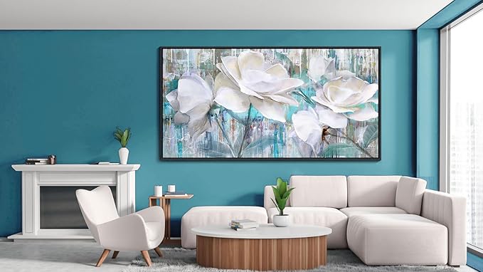 Large Flower Pictures Wall Art White Floral Modern Painting Wall Decor for Living Room Framed Artwork for Walls Bedroom Wall Decor Above Bed 29X58INCH