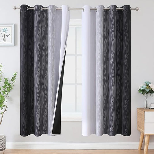 Estelar Textiler Full Room Darkening Blackout Curtains 72 Inch Length 2 Panels Set, Ombre Greyish White and Black Thermal Insulated Full Light Blocking Grommet Blackout Drapes for Bedroom, 52Wx72L