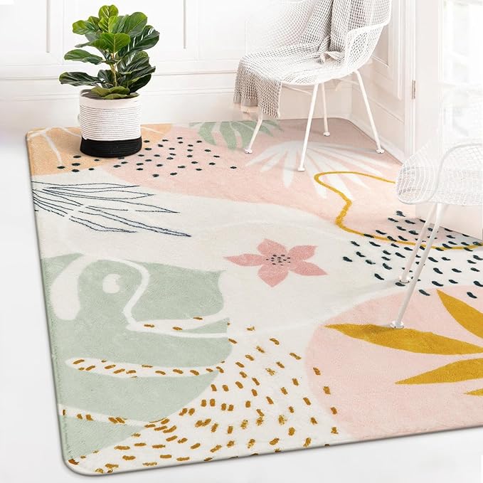 Lahome Pink Rug for Living Room - 5x7 Area Rug Washable Non-Slip Boho Rugs for Bedroom Throw Cute Soft Kids Nursery Rug, Abstract Botanical Print Carpet for Classroom Dorm Entryway Office Dining Room