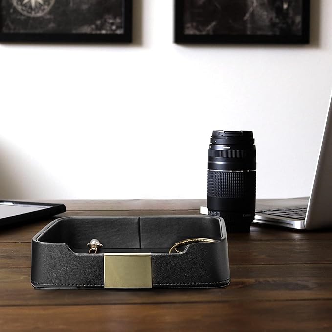 SANZIE Luxury Leather Tray Desktop Storage Catchall Organizer Decorative Tray for Entryway Table to Hold Jewelry Watch Keys Phone Wallet (Metal Glided, Black)