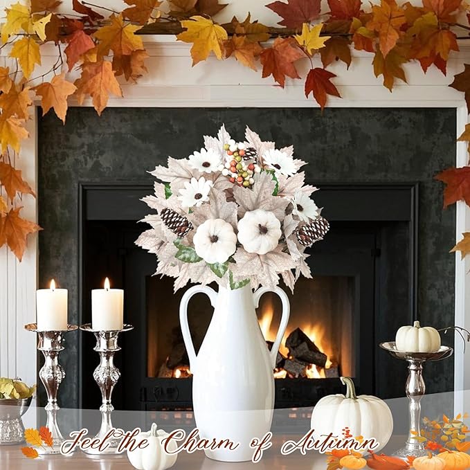 Artmag 2PCS Fall Artificial Flowers Decoration Maple Leaf Stem Pumpkin Branch Sunflower and Berries for Fall Thanksgiving Home Kitchen Festival Decoration (White)