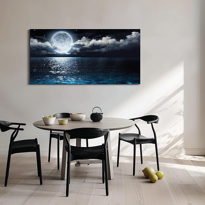 Dimpoli Moon Sea Ocean Canvas Wall Art, Night Sky Full Moon Landscape Artwork Decorations for Home Living Room Decor 40x20 Inches
