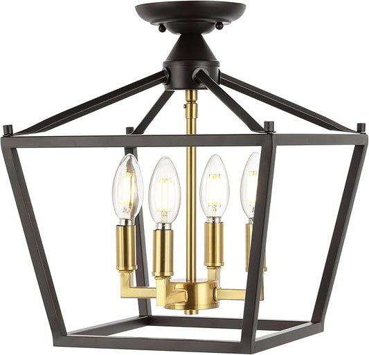 JONATHAN Y JYL7610G Plains Mini Lantern 12" 4-Light Iron Modern Farmhouse LED Flush Mount, Office, Living Room, Family Room, Dining Room, Bedroom, Hallway, Foyer, Oil Rubbed Bronze/Brass Gold