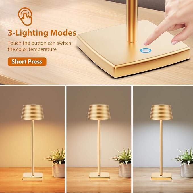 Cordless Table Lamps Rechargeable,Battery 6000mAh LED Portable Lights for Outdoor/Patio/Restaurant/Indoor Desk Lamp - IP54 Waterproof 3 Colors Stepless Dimming (Gold)