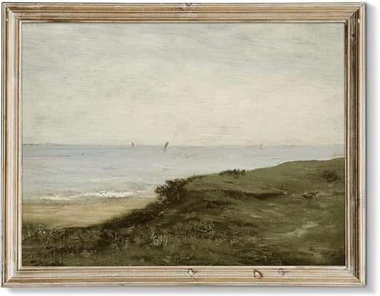 RETRART Vintage Wall Art, Vintage Seaside Landscape Painting - Muted Green Prints - Antique Wall Art Print, 8" x 10" Unframed Canvas Prints for Bedroom Living Room Bathroom Wall Decor